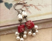 Cluster Earrings Magenta Fuscia Pink Jasper Stone & Pearl Earrings (Pantone Vivacious)