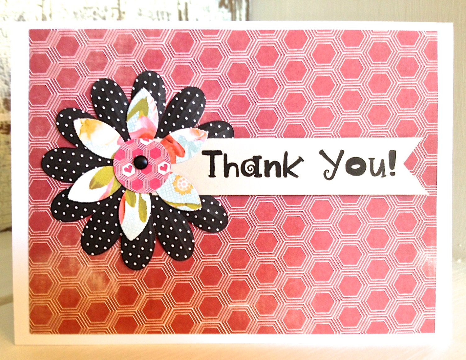 THaNK YoU CARD . Flower Pink Red Black Polka Dot Thanks Petals 1758
