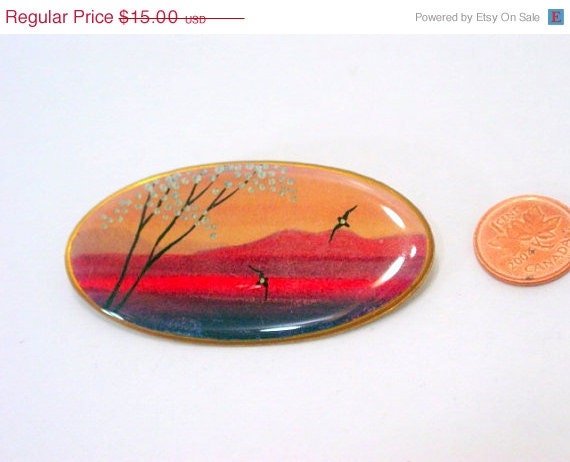 ON SALE Vintage Enamel Brooch, Bird and Mountain Landscape Pin Vintage Jewelry Jewellery