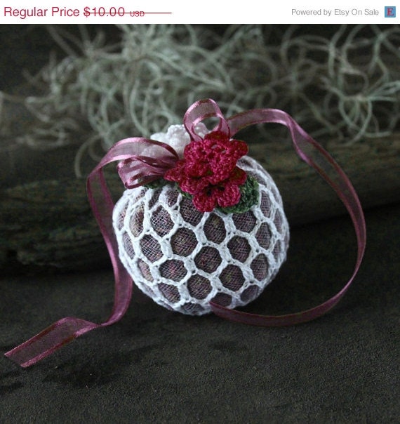 ON SALE Pomander Sachet Rose Scented with Red Ribbon and Crochet Flowers RETIRES Midnight 6/2/2013