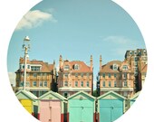 Summer by the Sea - Architecture photography, seaside art, beach huts, circle photo, colourful decor  8x8 Print