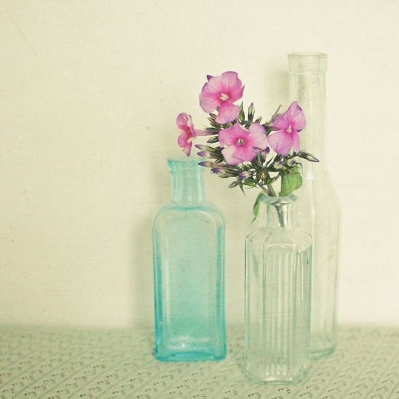 Fresh Flowers - Still life photography, hot pink wild flowers in vintage bottles, turquoise, mint green, bedroom art, feminine 8x8 Print