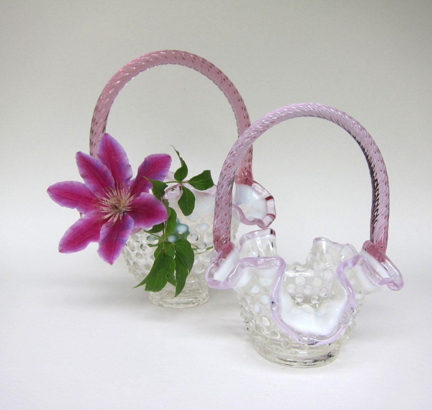 Vintage Fenton Art Glass Amethyst Purple Hobnail Baskets  Set of 2 Shabby Chic Victorian