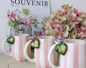 Vintage Cottage Chic Pink and White Striped Coffee Mugs Set of 4 Hand Painted Paper Windows USA