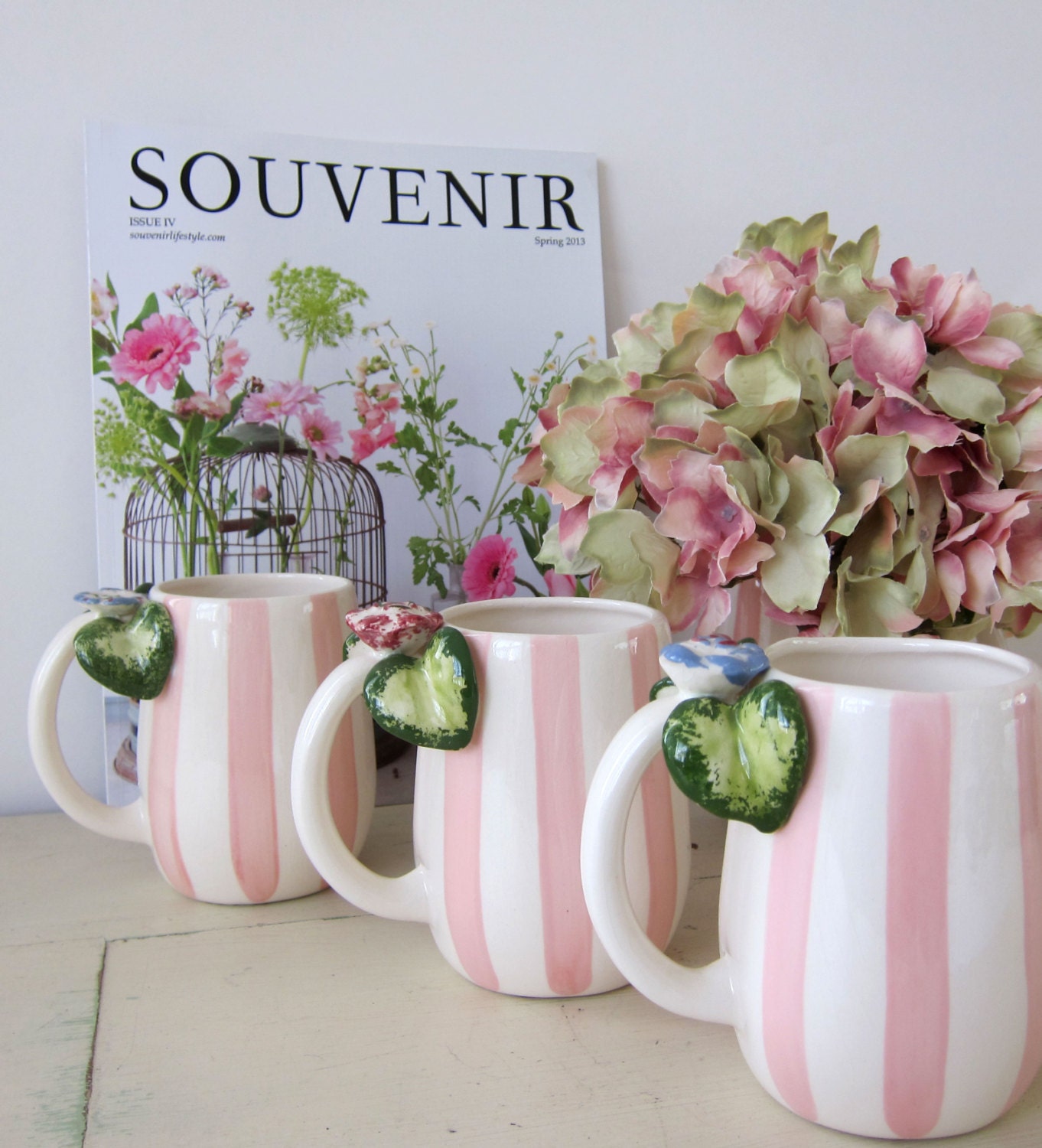 Vintage Cottage Chic Pink and White Striped Coffee Mugs Set of 4 Hand Painted Paper Windows USA