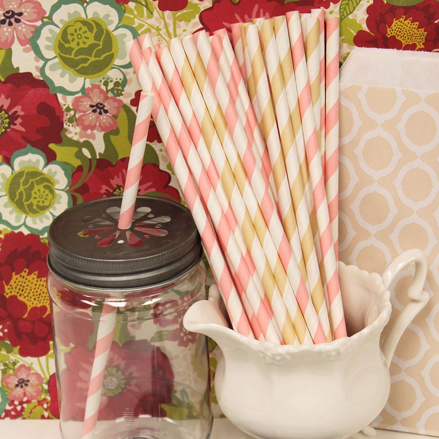 Paper Straws, PEACHES and CREAM Striped Paper Straws, Peach and Ivory Striped Straws with diy flag, Vintage Wedding, Retro Paper Straws