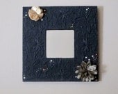 Wall Mirror-Black Floral Paper, Fabric Flowers, Gemstones/Shabby Chic