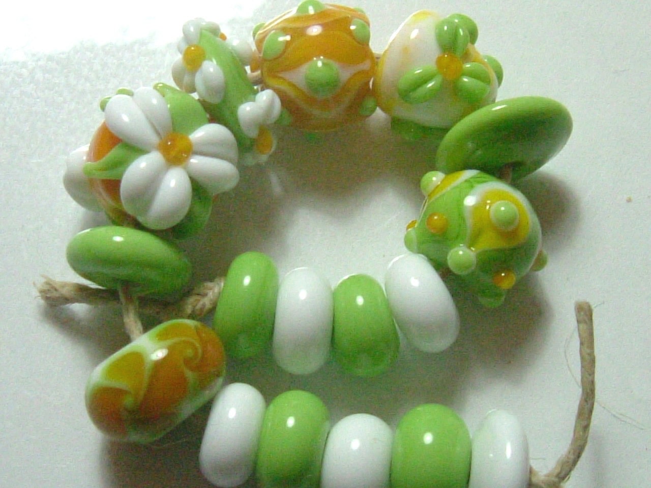 Yellow, green and white lampwork glass bead set SRA P97