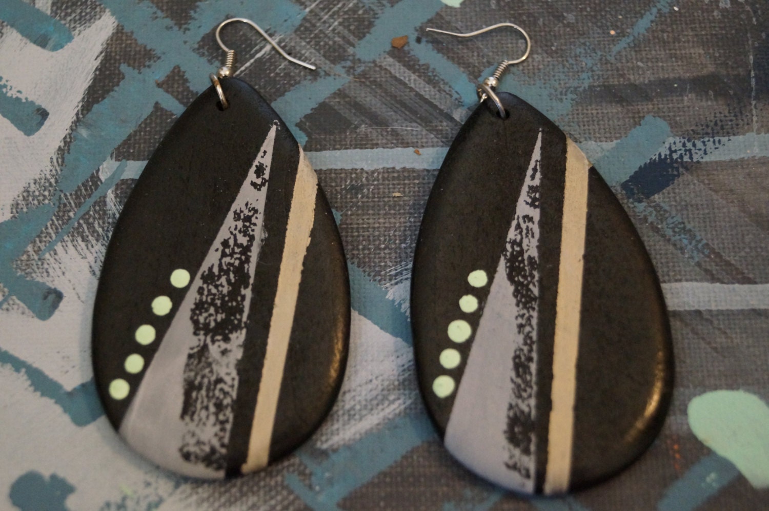 Hand Painted Wooden Tear Drop Earrings in Black, Grey, and Mint Green