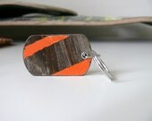Recycled Skateboard Dog Tag Wood Keychain Dark Brown Wood with Orange Stripes