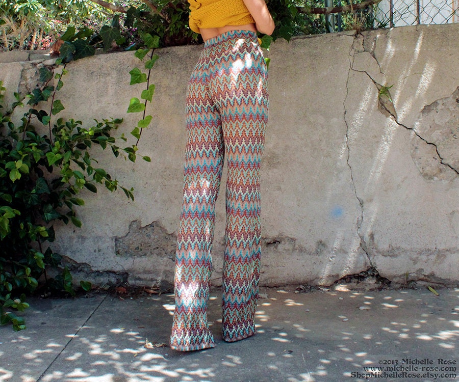 Rainbow Zig Zag Crochet Pants - Bellbottom Knit Pants - Elastic Waist - Made to Order - Made to Measure - Seventies Retro Hippie Pants