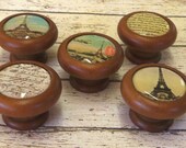 Postcards from Paris Knobs Eiffel Tower French Script Set of 5 Wooden Domed Pulls 1.25 Inch