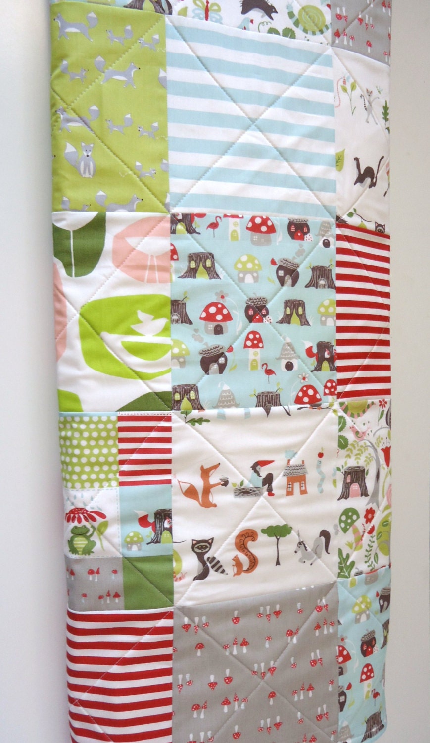 Modern Baby Quilt, Organic Cotton, Patchwork, Fox Hollow, Woodland Animals, Aqua, Gray, Citron, Red Polyester Free Bird Fox