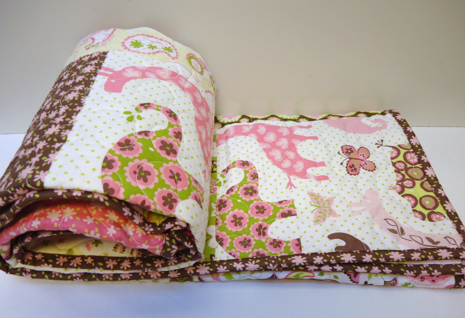 Animal Parade Baby Girl Quilt Giraffe Elephant Brown Pink Modern Patchwork Whimsical Baby Bedding Gift Idea Handmade Animals Quilts Baby