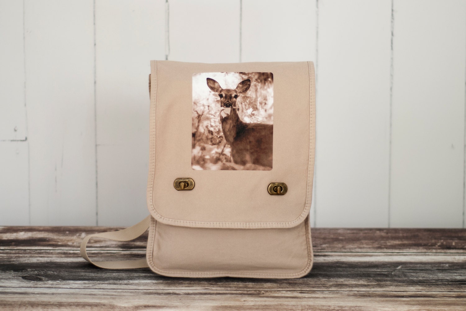 Oh, Deer - Messenger Bag - Woodland - Field Bag - School Bag - Stone Beige - Canvas Bag