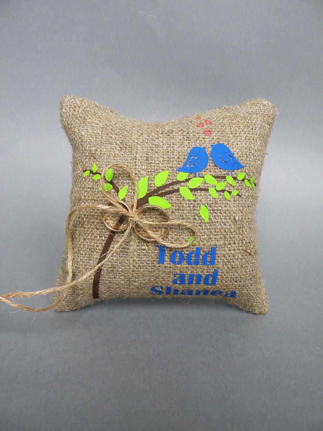 Wedding rustic natural Burlap linen Ring Bearer Pillow Royal Blue Birds and green leaves on Brown tree and linen rope
