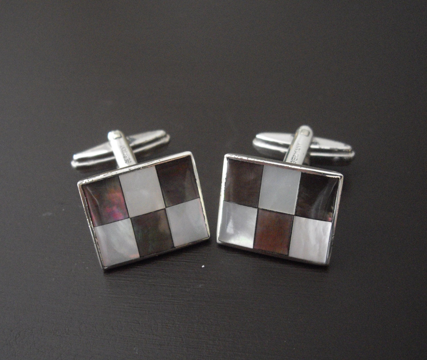 Vintage Mother of Pearl Cuff Links, Checkerboard Cuff Links, Sterling Silver Cuff Links