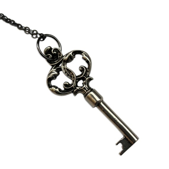 Skeleton Key Necklace Pendant Ornate White Bronze Victorian - Gwen Delicious Jewelry Design