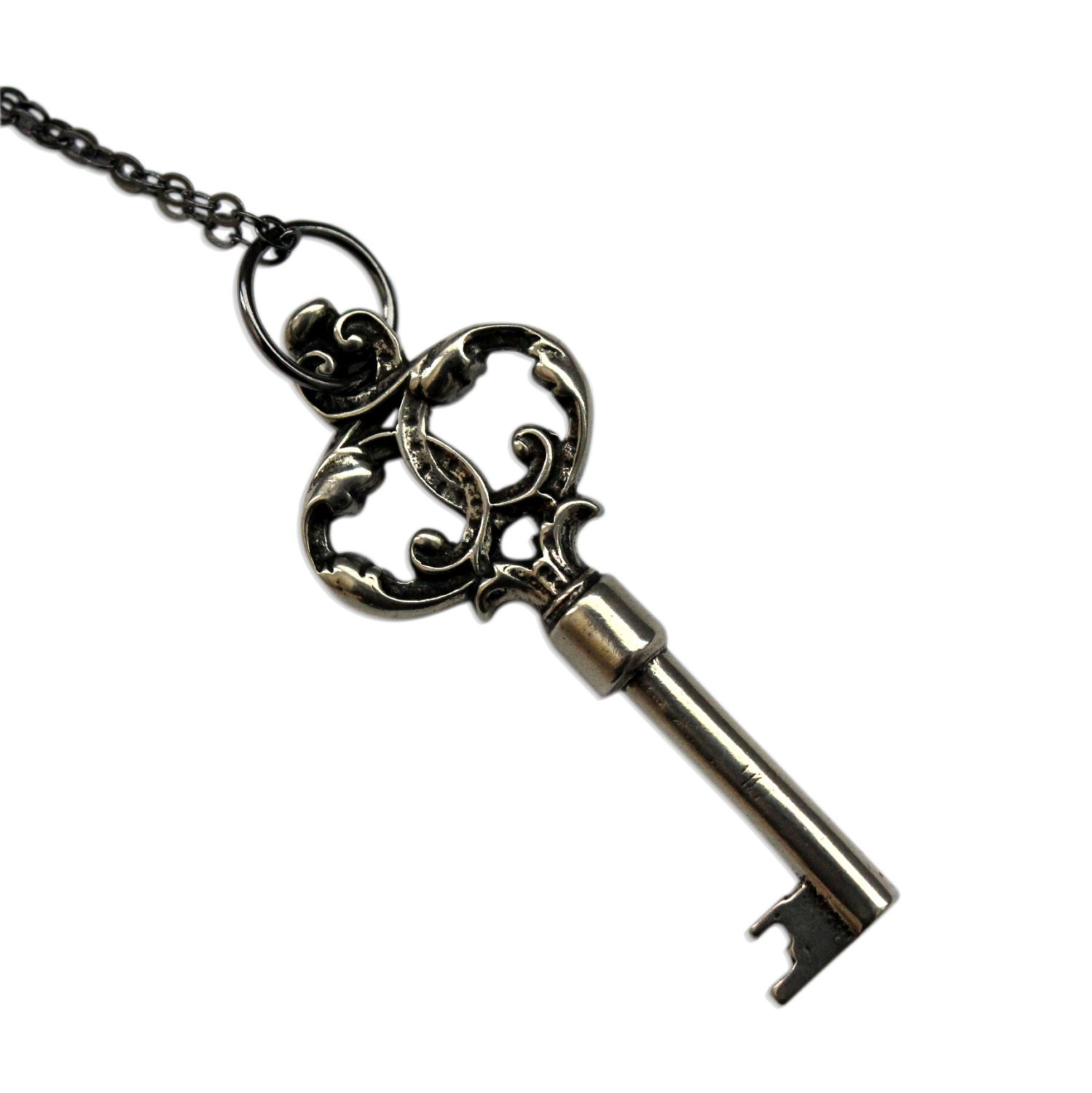 Skeleton Key Necklace Pendant Ornate White Bronze Victorian - Gwen Delicious Jewelry Design