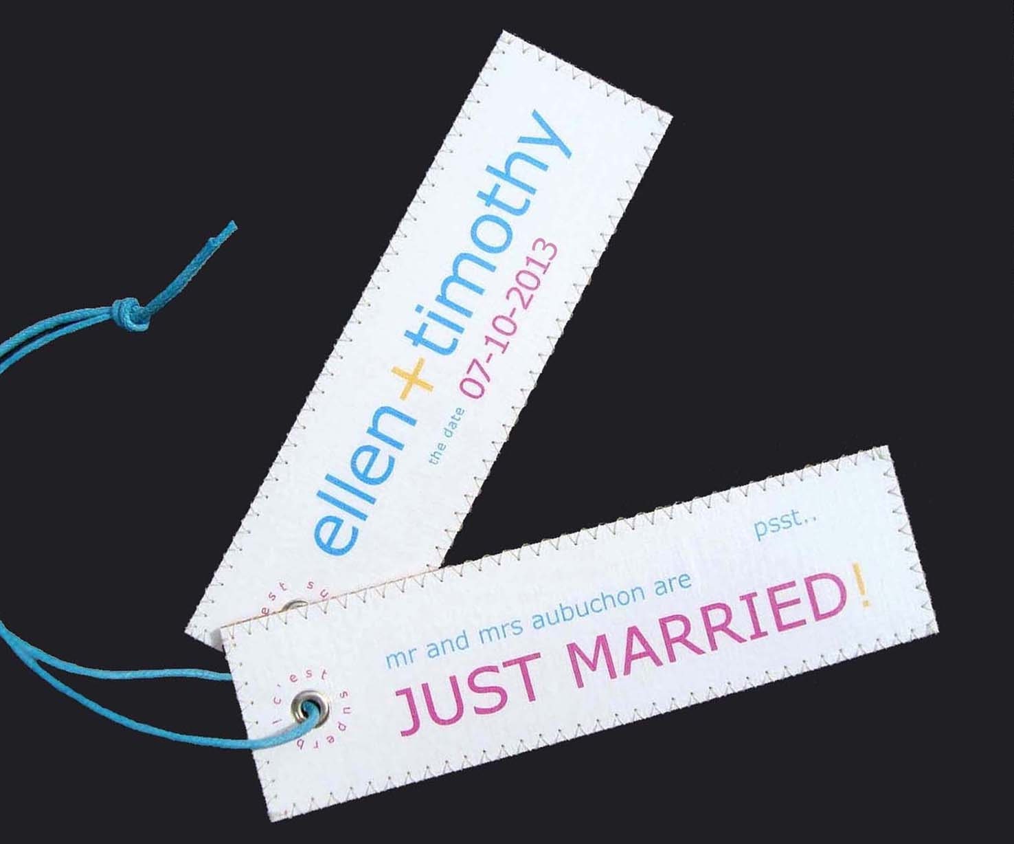 Personalized Just Married luggage tag set that no Honeymooner can do without. In bursting Colors.