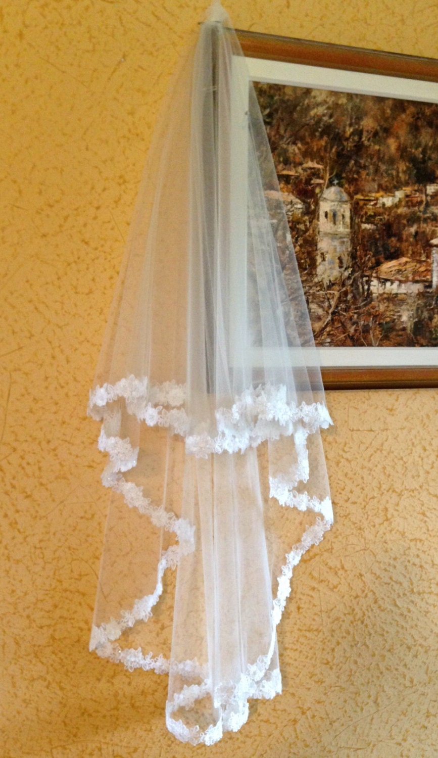 Lace Wedding Veil with Beaded Flower Edge in  Hip Length, two tier bridal veil with lace edge, Lace veil with two layers