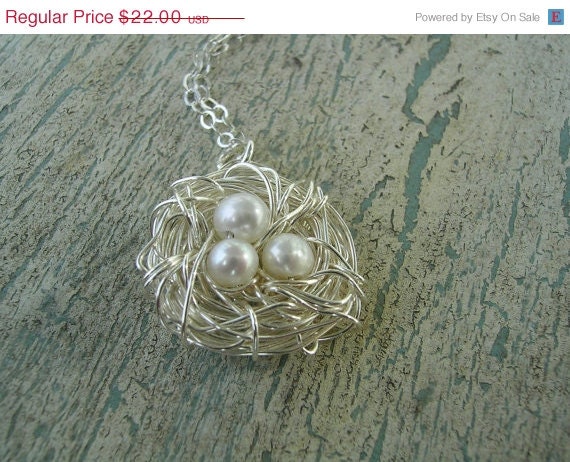 ON SALE Birds Nest Pendant Necklace -Sterling Silver