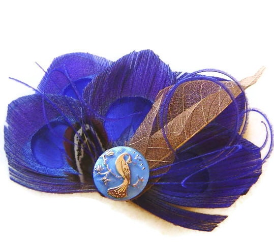 Royal Blue Peacock Feather Bridal Hair Fascinator Clip with Blue CZECH Peacock Button and Skeleton Leaf