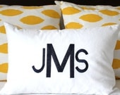 Personalized Monogrammed Pillow Cover 12" x 20" White Cotton Fabric with Navy Embroidery