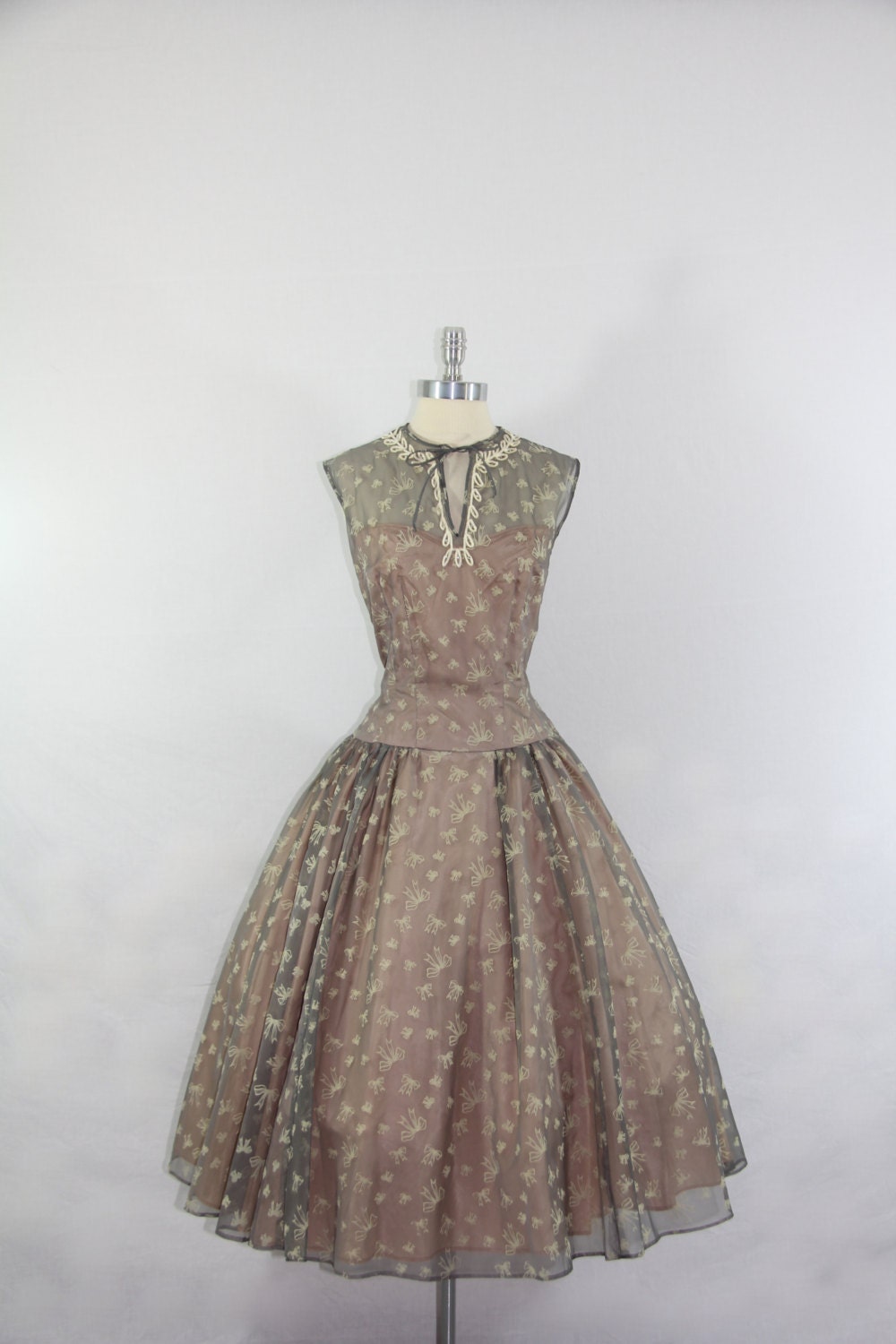 1950's Vintage Dress - Flocked with Bows Gray Pink and Ivory Full Skirt Party Dress