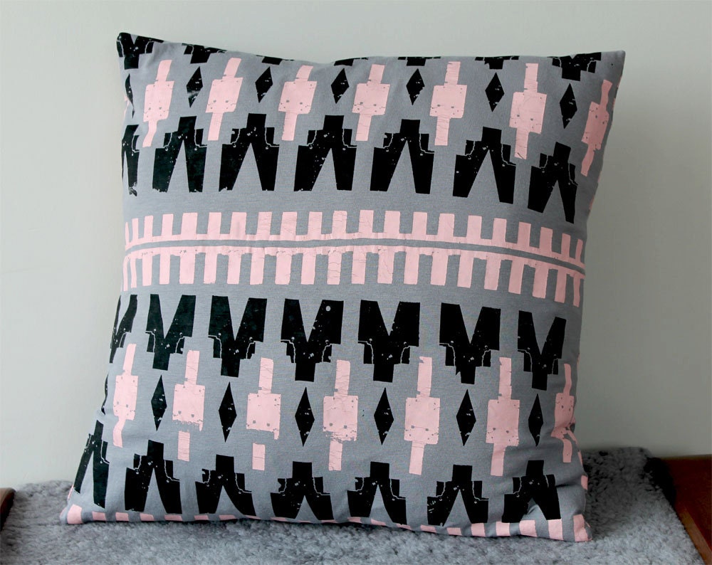 Hand Printed Organic 'Byzantine' Pillow Cover in Pale Pink and Black on Grey