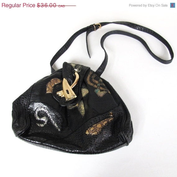 20% OFF VACATION SALE 80s Patchwork  Abstract Metallic Faux Croc Cross Body Purse