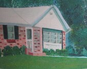 Vintage 60s Folk Art Landscape Painting with Mid Century Home