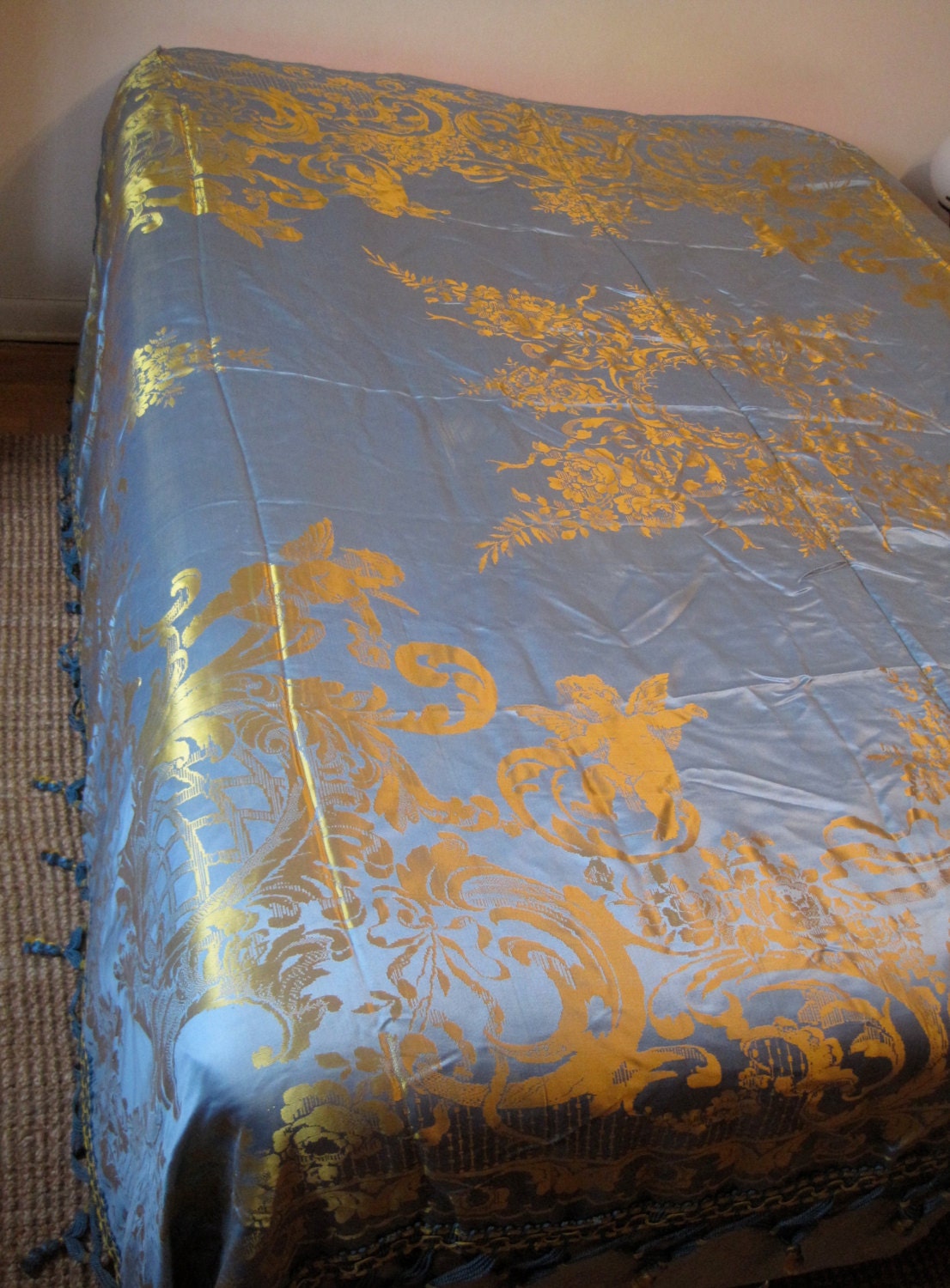 Vintage Italian Damask Bedspread Blue and Gold with Cherubs or Putti