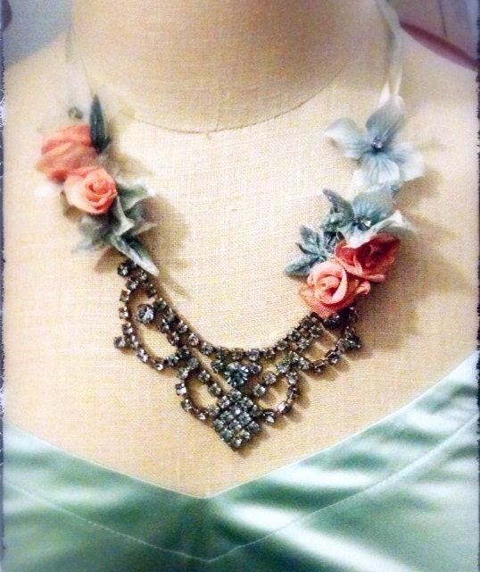 Blue vintage rhinestone and peach ribbon rose statement necklace "Marie Antoinette"