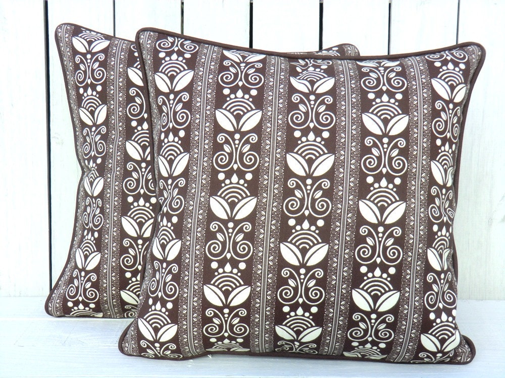 Brown outdoor pillow cover, striped outdoor pillow cover 18x18, flower outdoor pillow, brown outdoor cushion, pillow with piping, SALE