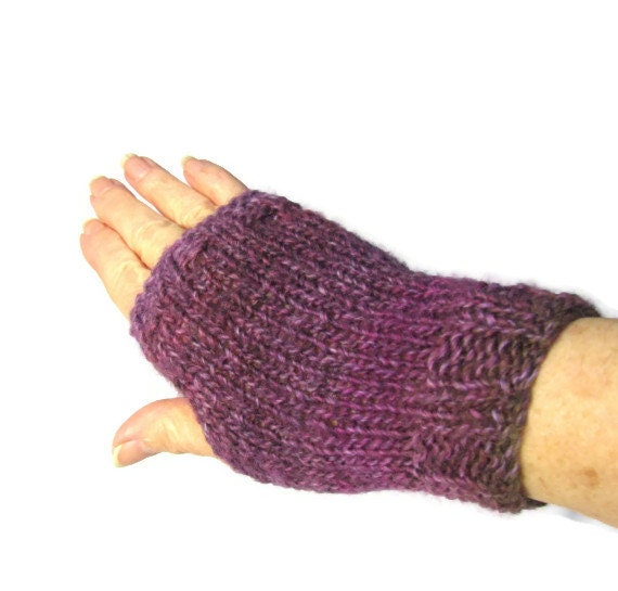 Violets Hand Knit Fingerless Gloves Hand Warmers Purple Violet Burgundy