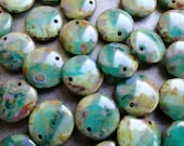 Premium Czech Glass - Aqua Pale Green Picasso  - Large Lentil Beads