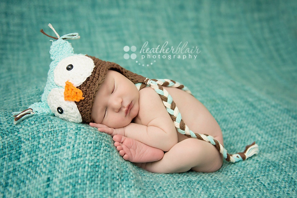Mint Chocolate Cotton Owl Beanie - Newborn or 0-3 Month Size