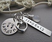 Mom Baby Feet Necklace Personalized Birthdate, Monogram Necklace, Sterling Silver, Mommy Necklace, Heart Charm