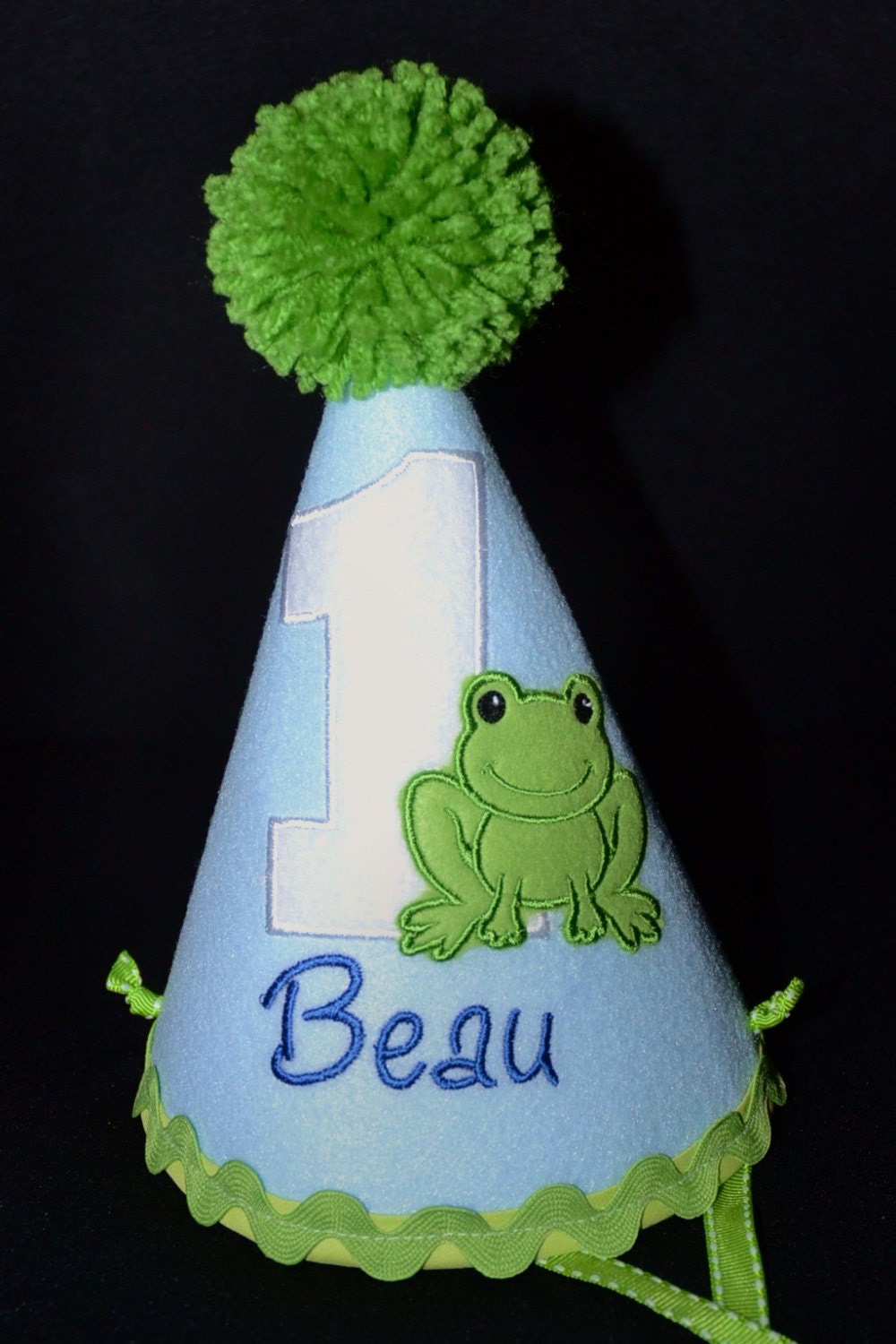 1st Birthday Party Hat with little green frog or have me custom make a hat to match your party theme