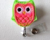 Pink and Green Owl - Retractable ID Badge Reel - Name Badge Holder - Cute Badge Reel - Nurse Badge Holder - Nursing Badge Clip - Felt Badge