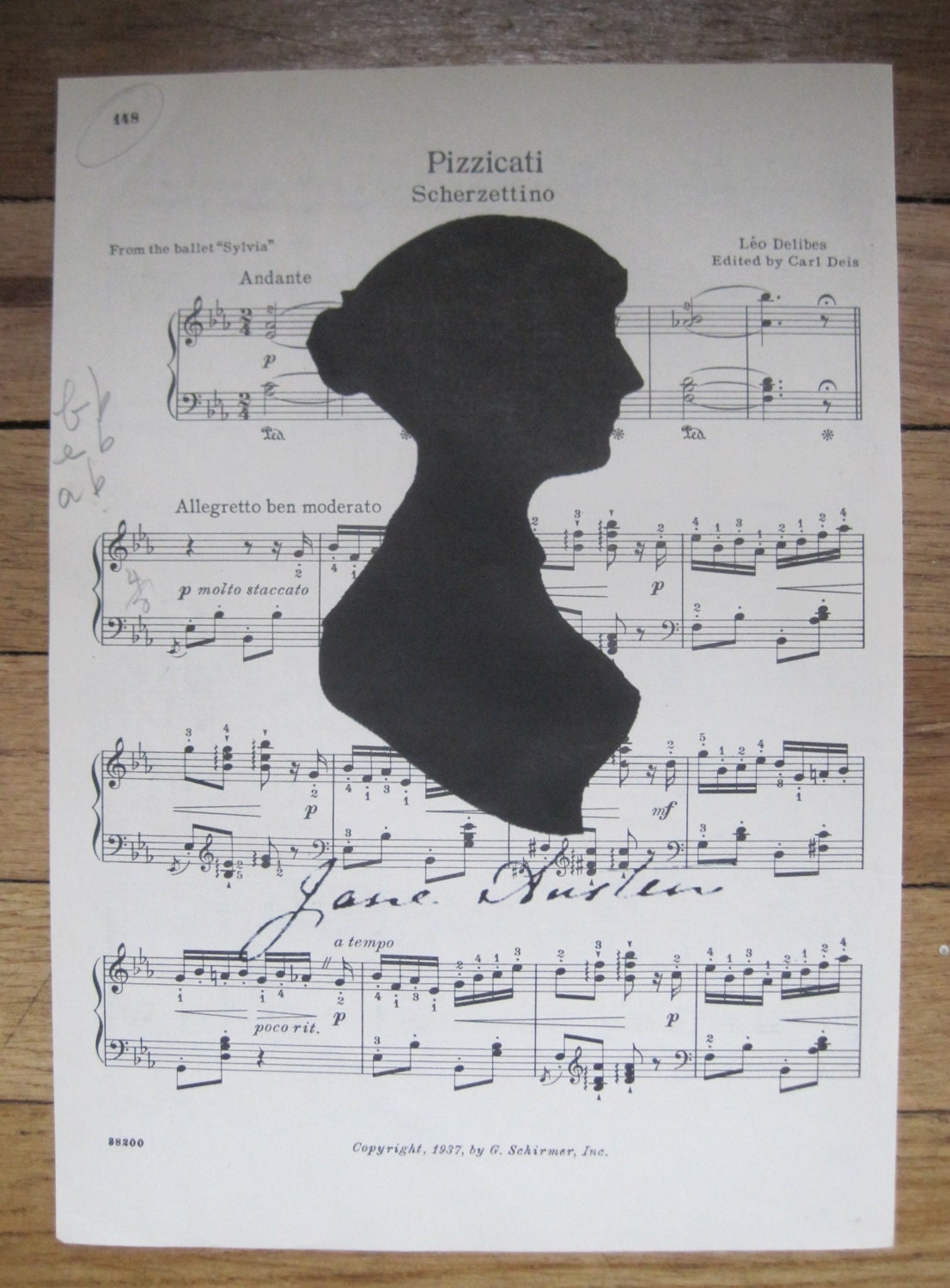 french market jane austen silhouette on vintage sheet music
