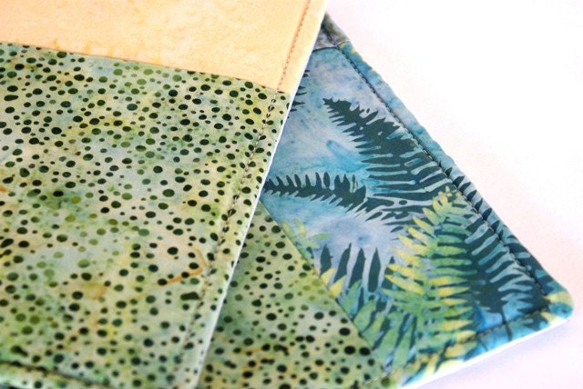 Green Batik Print Quilted Potholder Set