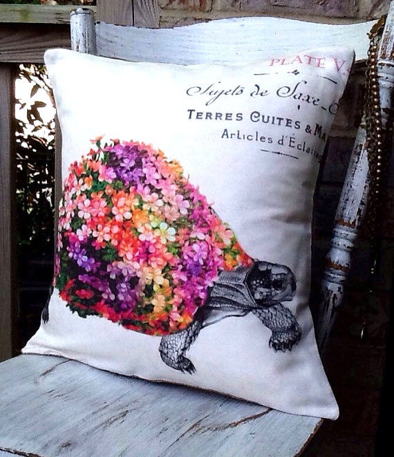 Cotton Pillow Cover Summer Garden Turtle cotton and burlap pillow