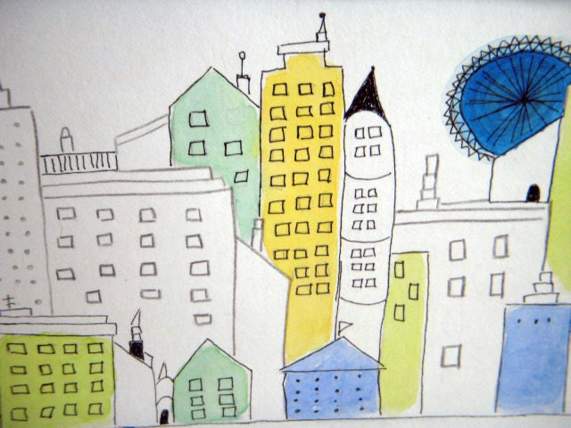 Springtime in the City, mini pen and ink illustration, watercolor, green, yellow, blue, buildings, simple, small art, original
