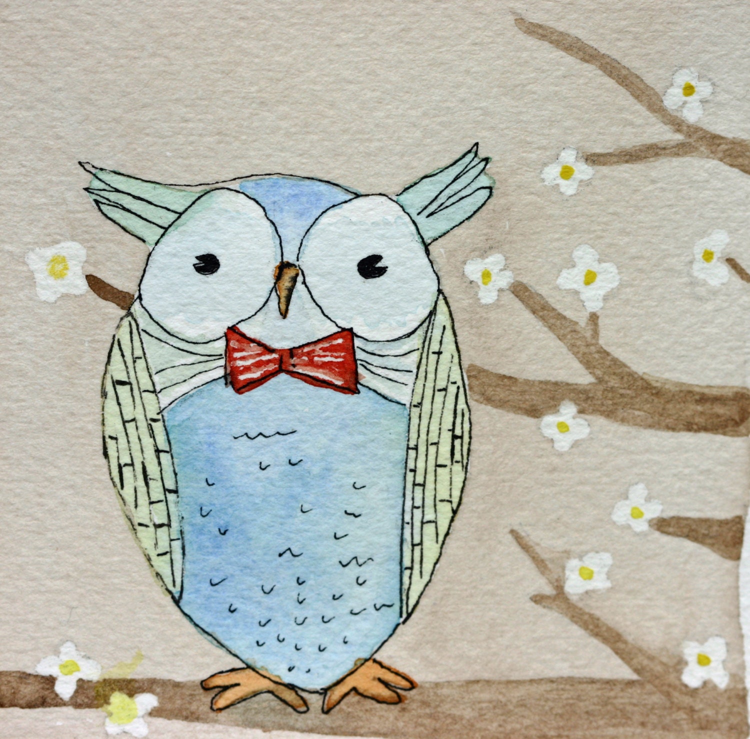 Maurice - small owl watercolor in red bow tie, brown and blues, childrens art, branches, bird, pen and ink