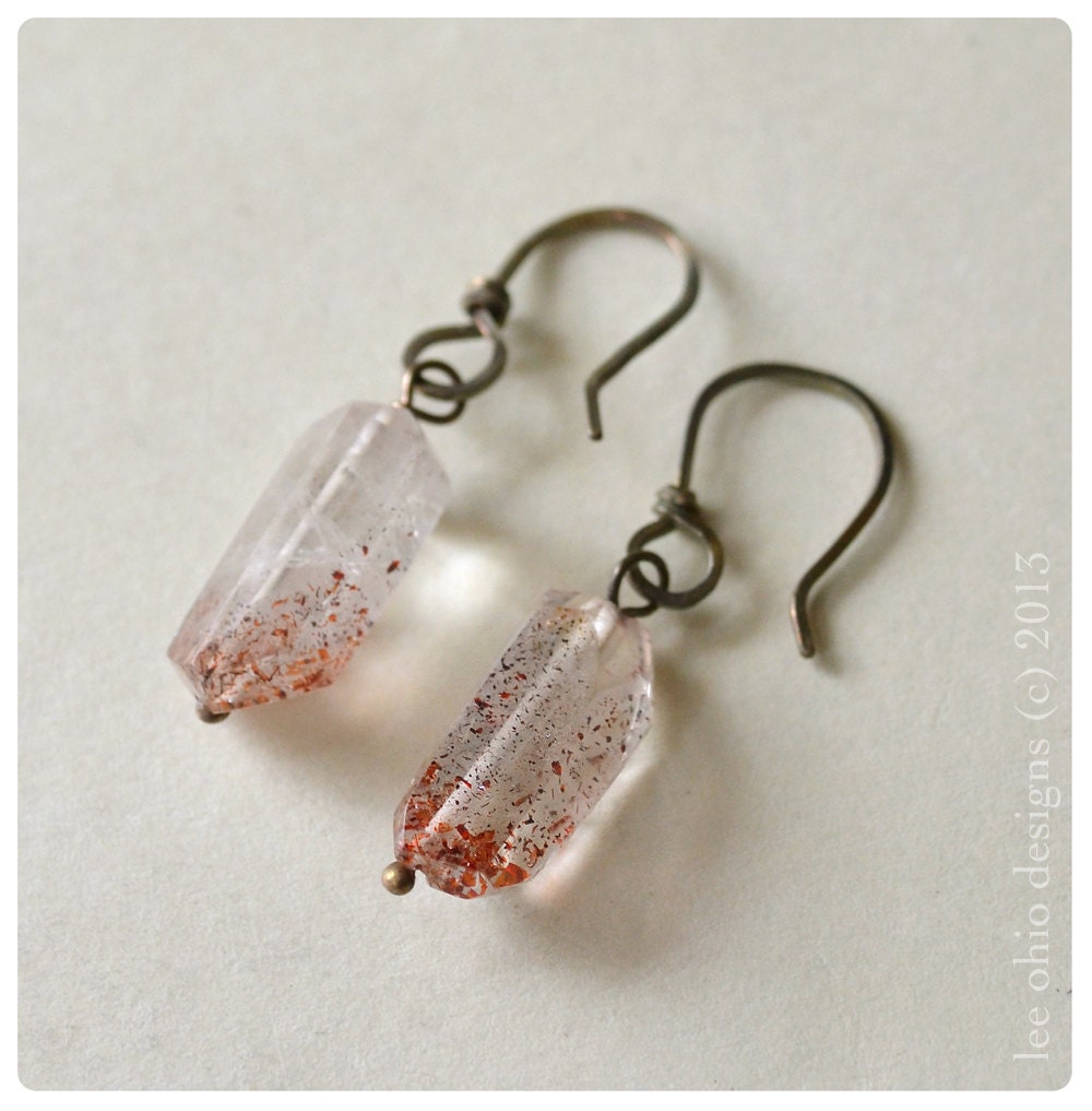 Red Lepidocrocite earrings, Strawberry quartz Ancient crystal earrings, crystalline Bohemian black sterling silver earrings, Boho Chic