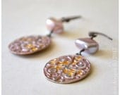 Pink Enameled lace earrings, Baroque biwa pearls, Rose and peach enameled embossed fine silver coin earrings, Boho Chic