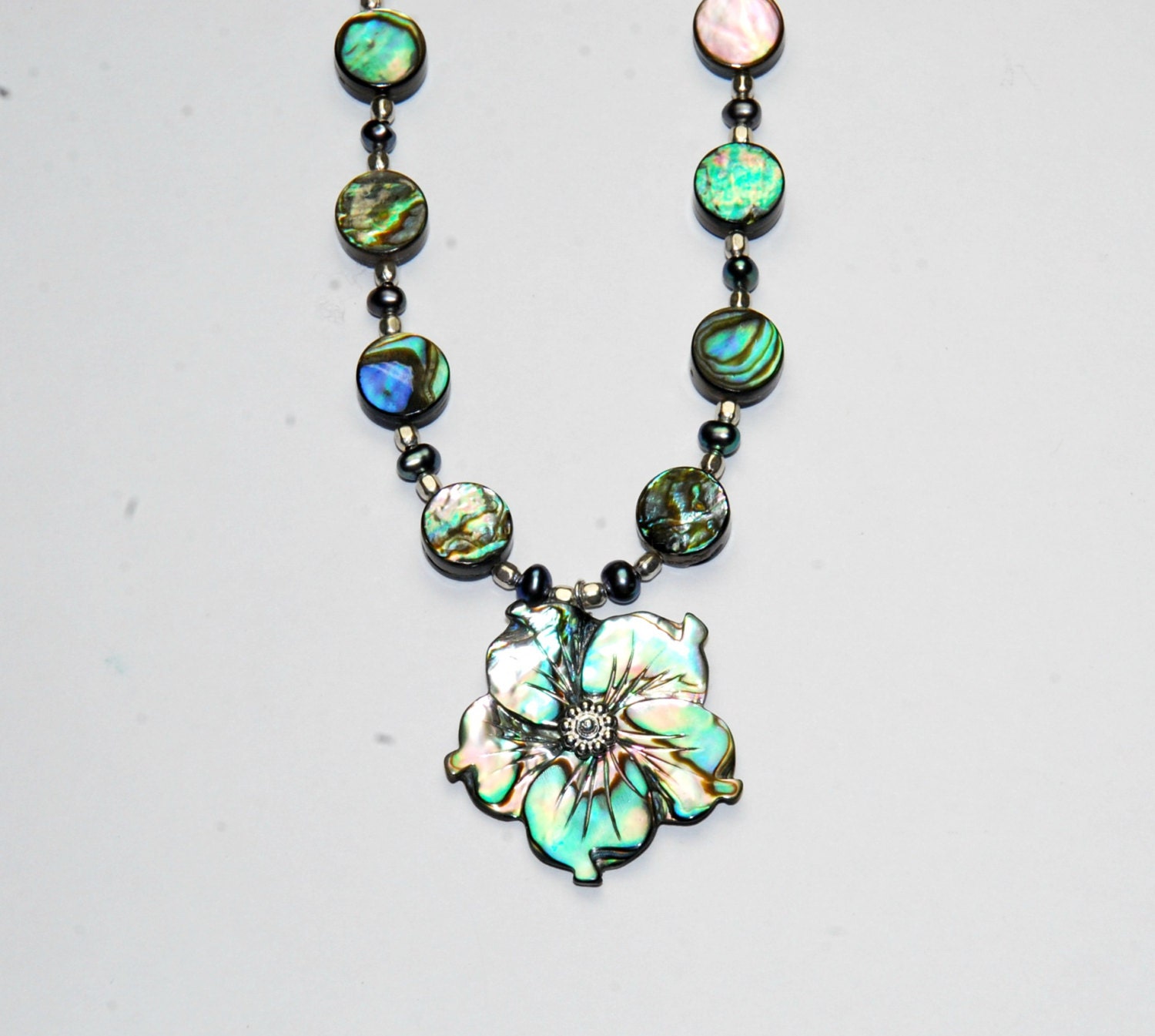 Abalone and Pearl Flower Necklace - Blue Green Jewelry - California Beach