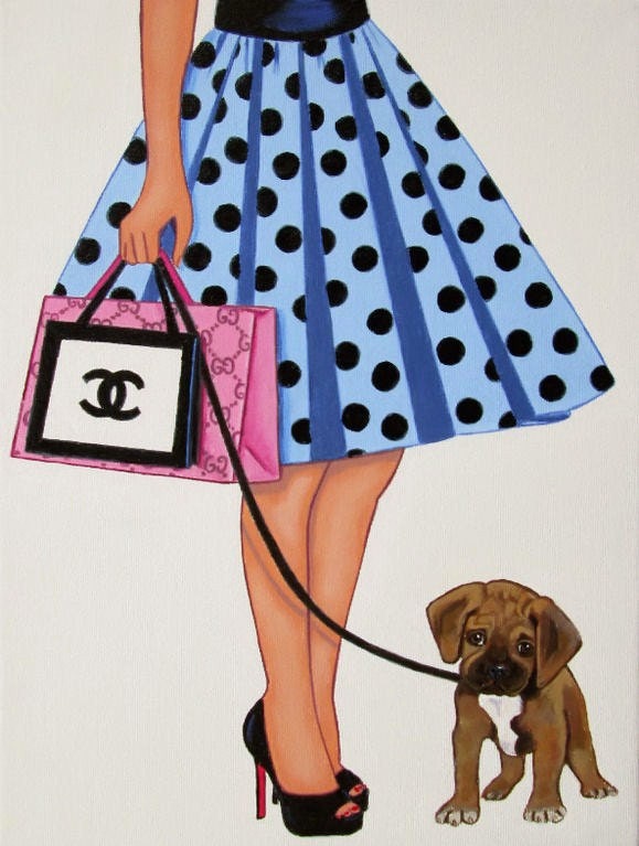 Fashion Girl Woman Lady 1950s blue Polka dot spotted  dress Chanel Gucci bag Boxer puppy dog  painting by Julie Barry